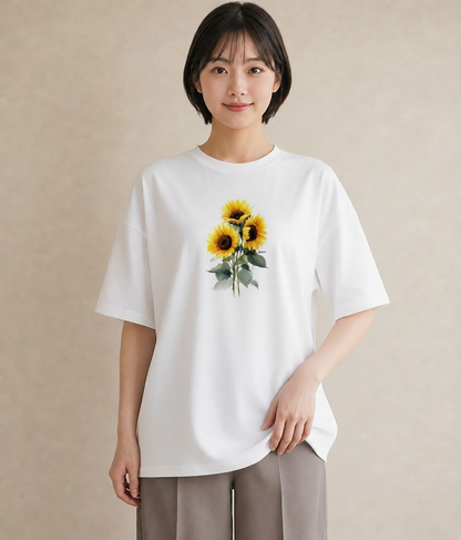 デザインTシャツ レディース ひまわり 向日葵 花 花柄 イラスト こなれ感 秋コーデ おしゃれギフト 白T