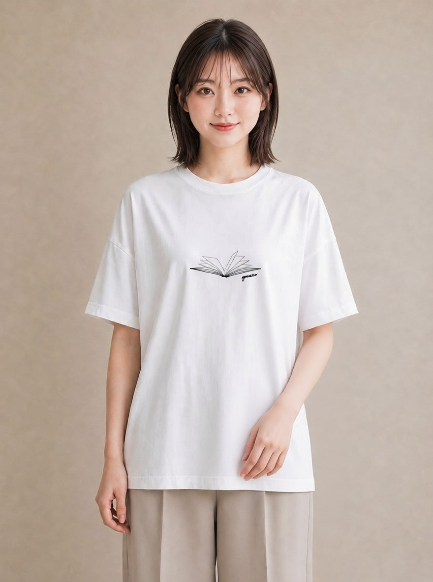Tシャツ レディース 本 読書 ブック イラスト ゆるかわ お揃い 親子 白T YMAZO