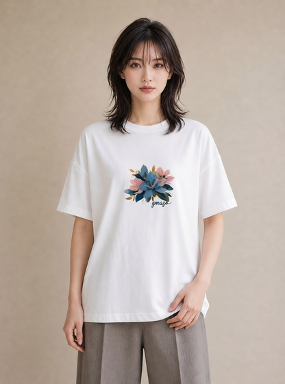 グラフィックTシャツ レディース 花 花柄 イラスト きれいめ 自分用 ルームウェア 白T YMAZO