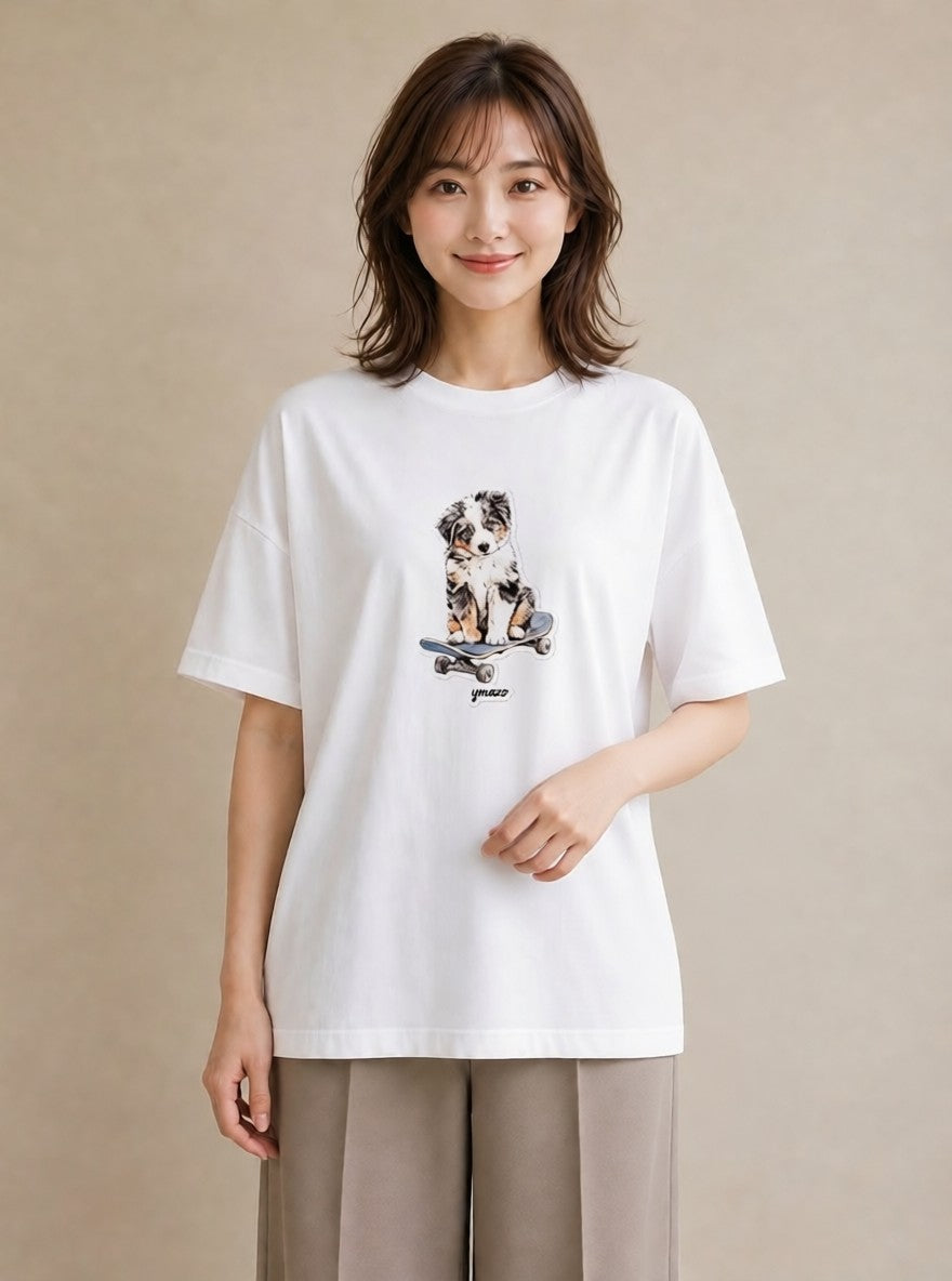 プリントTシャツ レディース ボーダーコリー 犬 いぬ イラスト ヴィンテージ風 公園 ママ 白T YMAZO