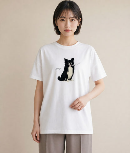 プリントTシャツ レディース ロングコートチワワ 犬 いぬ イラスト 可愛い お出かけ 普段着 白T YMAZO