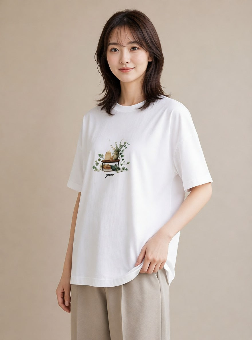 Tシャツ レディース 駅のホーム ローカル線 駅 ナチュラル アンティーク イラスト レトロ デイリーウェア 休日 白T YMAZO