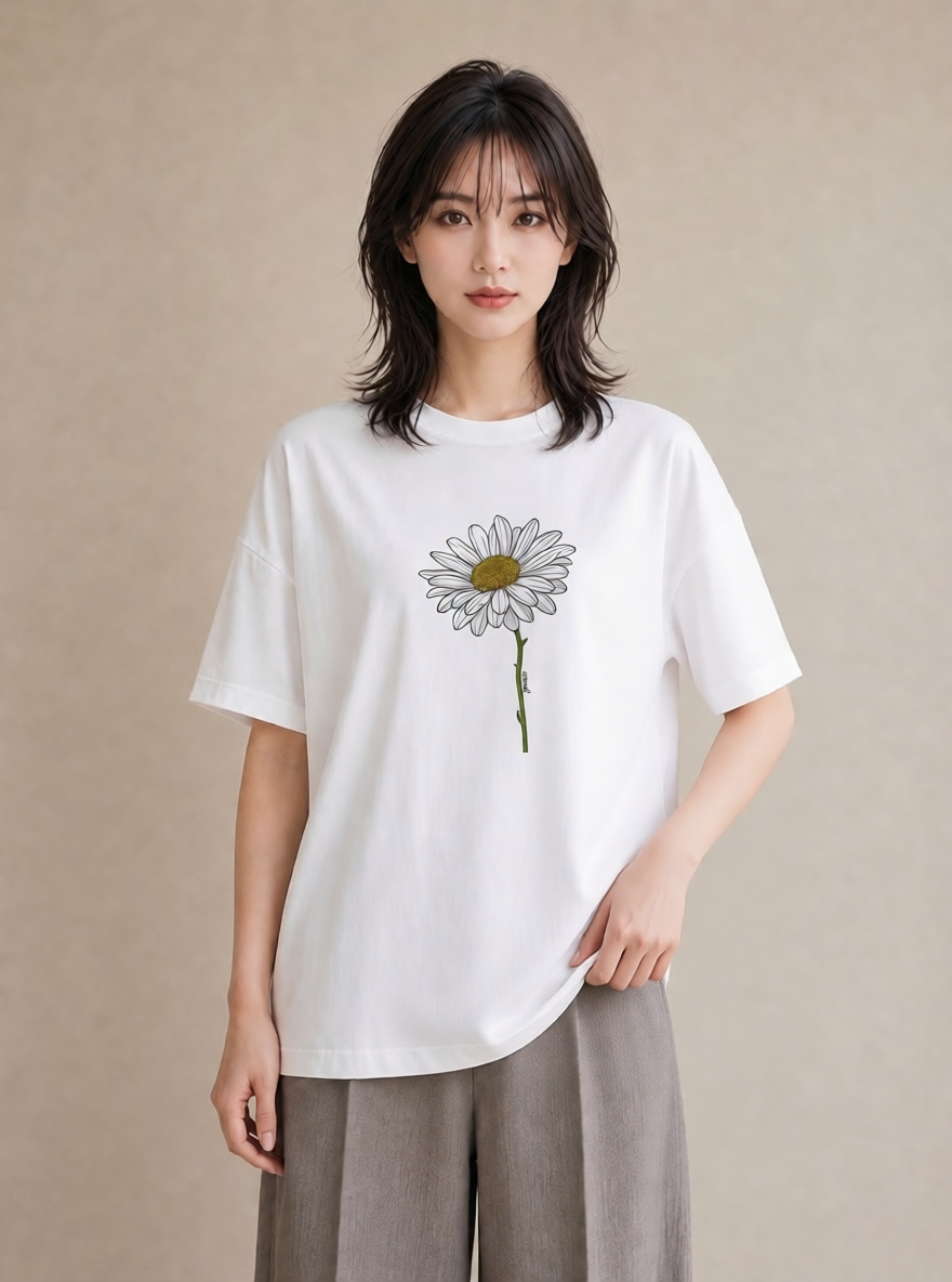 Tシャツ レディース デイジー 花 花柄 イラスト ボタニカル 夏コーデ 通学 白T