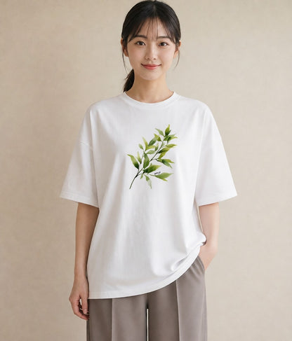 半袖Tシャツ レディース 新緑 植物 ボタニカル イラスト 上品 ペアコーデ 秋コーデ 白T YMAZO