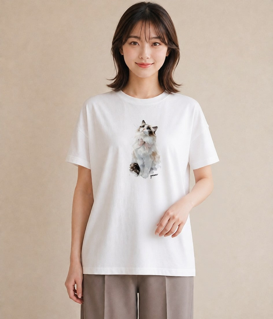 グラフィックTシャツ レディース メインクーン 猫 ねこ イラスト ガーリー 誕生日プレゼント 綿100 白T YMAZO