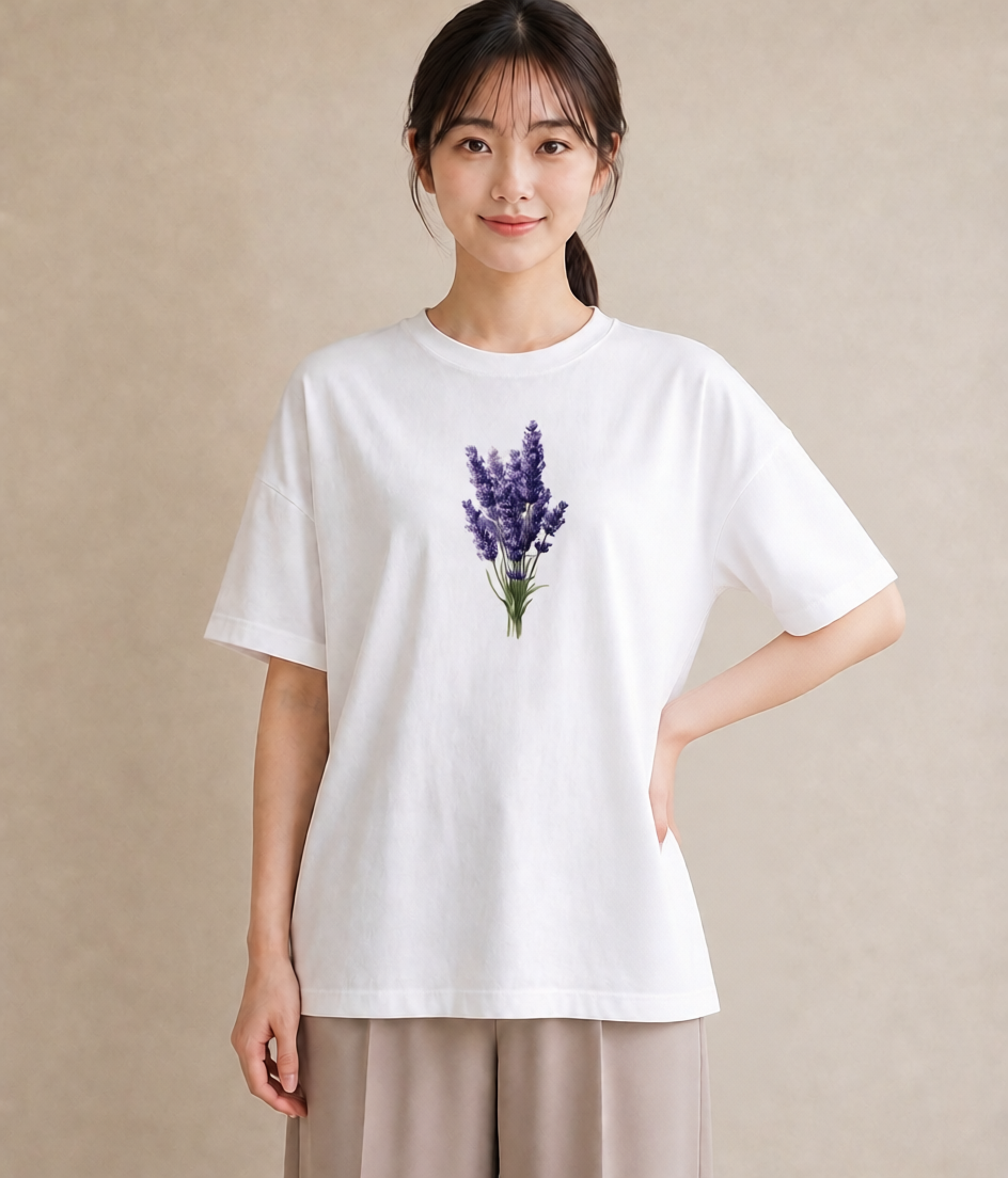 グラフィックTシャツ レディース ラベンダー 花 花柄 イラスト 旅行コーデ 帰省 ラフ 白T