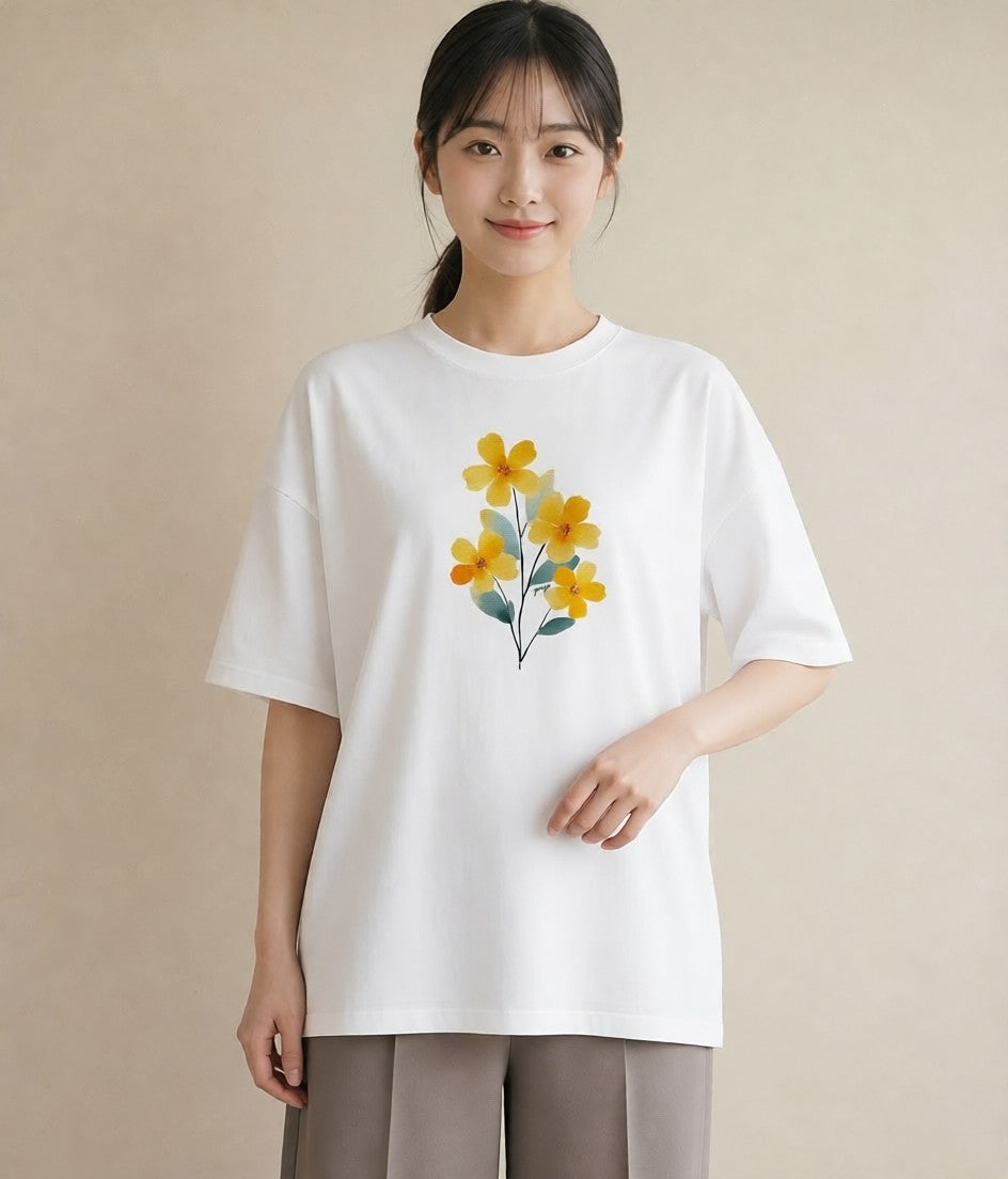 デザインTシャツ レディース ミモザ 花 花柄 イラスト ゆるかわ 旅行 母娘コーデ 白T YMAZO