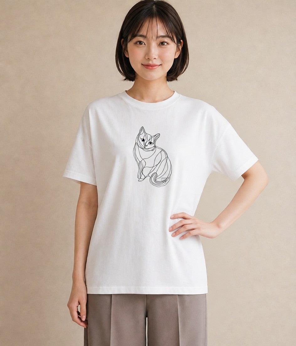 グラフィックTシャツ レディース 猫 ねこ ネコ イラスト 線画 散歩 お出かけ 白T YMAZO