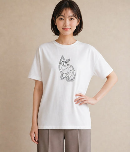 グラフィックTシャツ レディース 猫 ねこ ネコ イラスト 線画 散歩 お出かけ 白T YMAZO