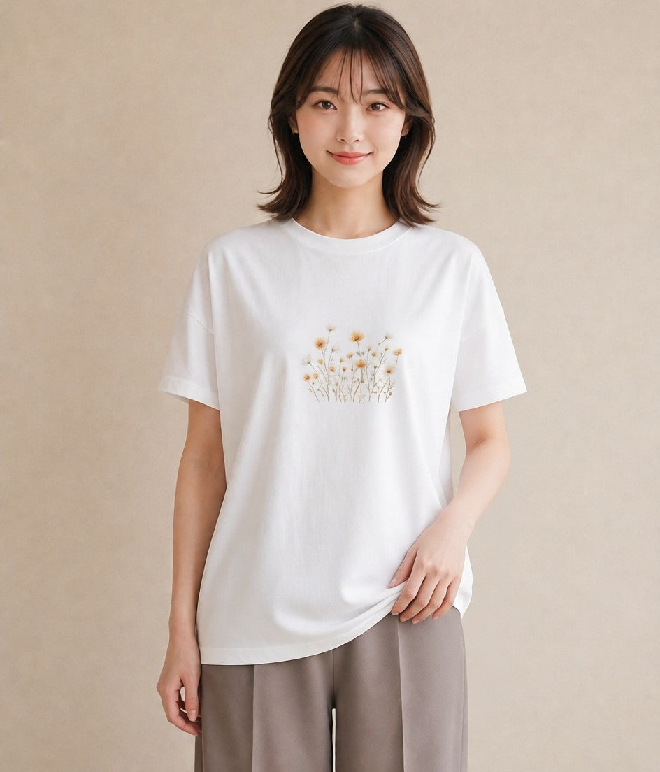 半袖Tシャツ レディース デイジー 花 花柄 イラスト ラフ レイヤード 白T YMAZO