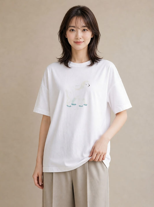 デザインTシャツ レディース ビションフリーゼ 犬 いぬ イラスト ガーリー 休日 ペアコーデ 白T YMAZO