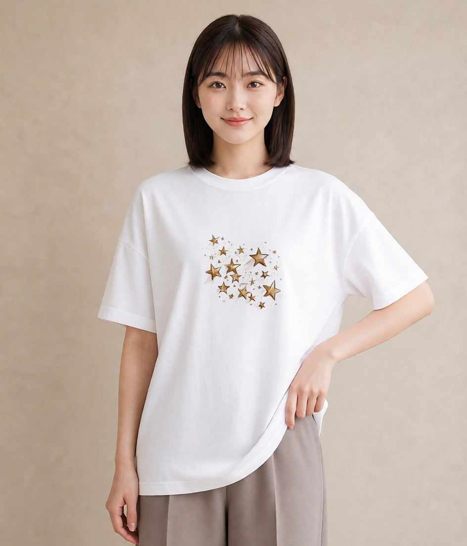 グラフィックTシャツ レディース 星 星空 宇宙 イラスト フェミニン カジュアルコーデ 買い物 白T YMAZO