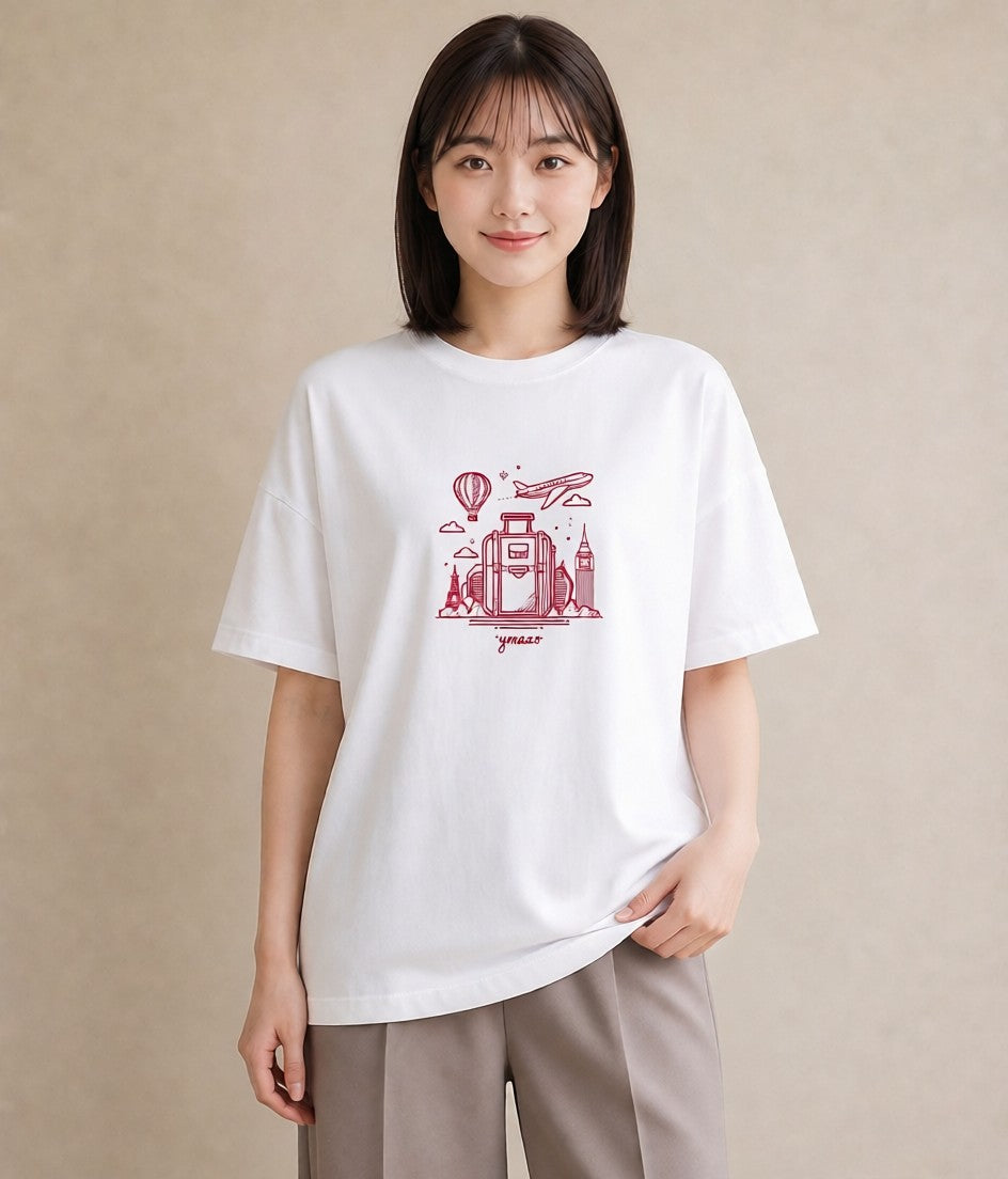 半袖Tシャツ レディース 旅 トラベル スタンプ イラスト 上品 春服 ミセス 白T YMAZO
