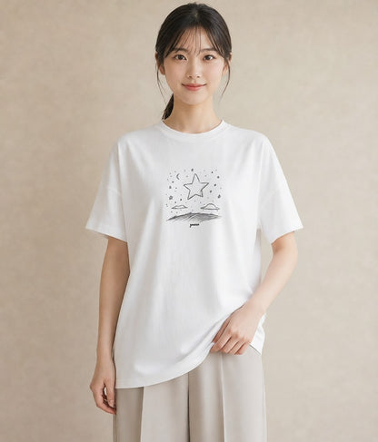 半袖Tシャツ レディース 月と星 星空 ムーン イラスト アート風 レイヤード 友達ギフト 白T YMAZO