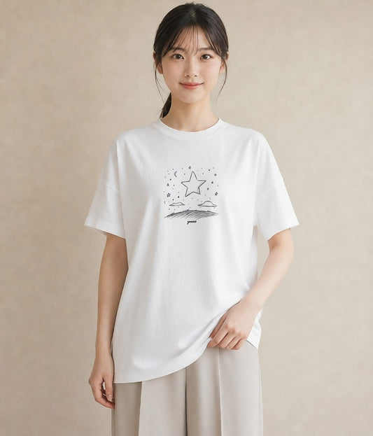 半袖Tシャツ レディース 月と星 星空 ムーン イラスト アート風 レイヤード 友達ギフト 白T YMAZO