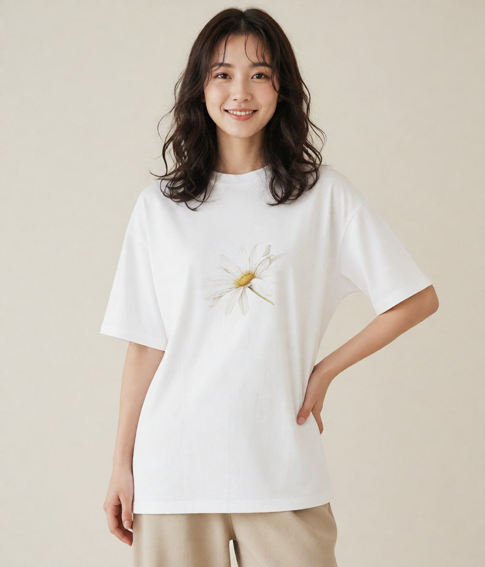 プリントTシャツ レディース デイジー 花 花柄 イラスト 水彩風 女性向けギフト 散歩 白T