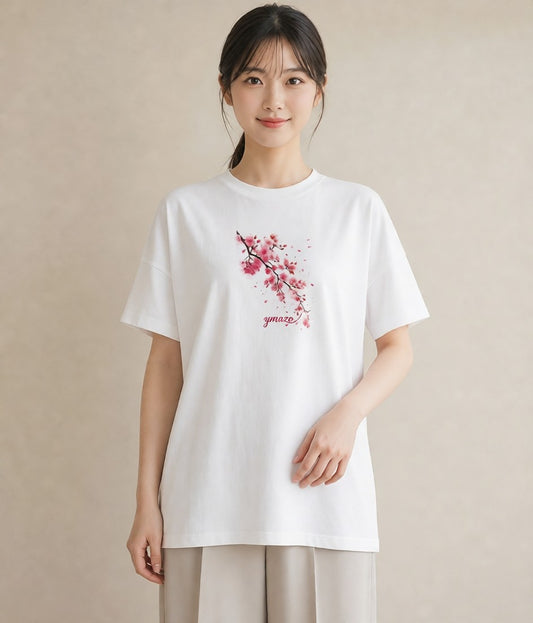 グラフィックTシャツ レディース さくら 桜 サクラ 花 花柄 イラスト カフェコーデ カジュアルコーデ 買い物 白T YMAZO
