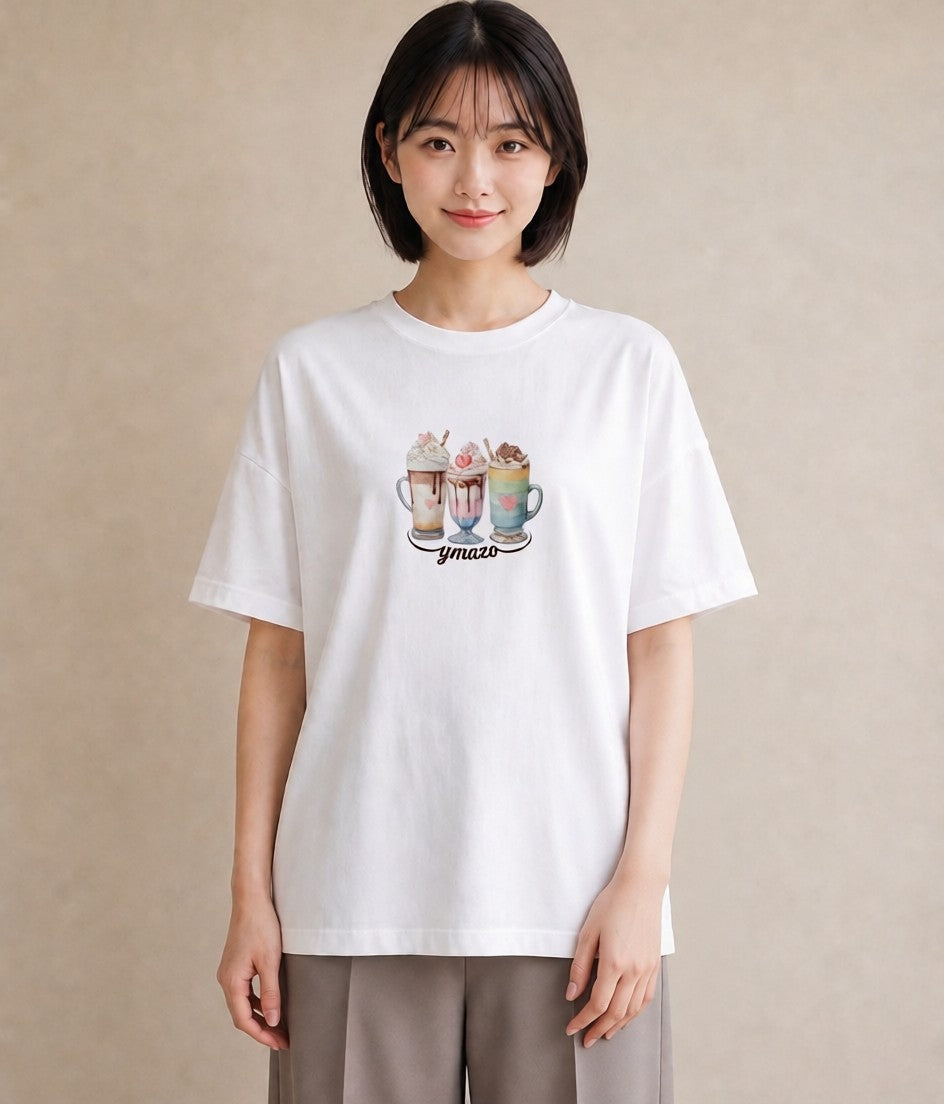 グラフィックTシャツ レディース ココア 食べ物 フード イラスト 淡色 休日 ペアコーデ 白T YMAZO