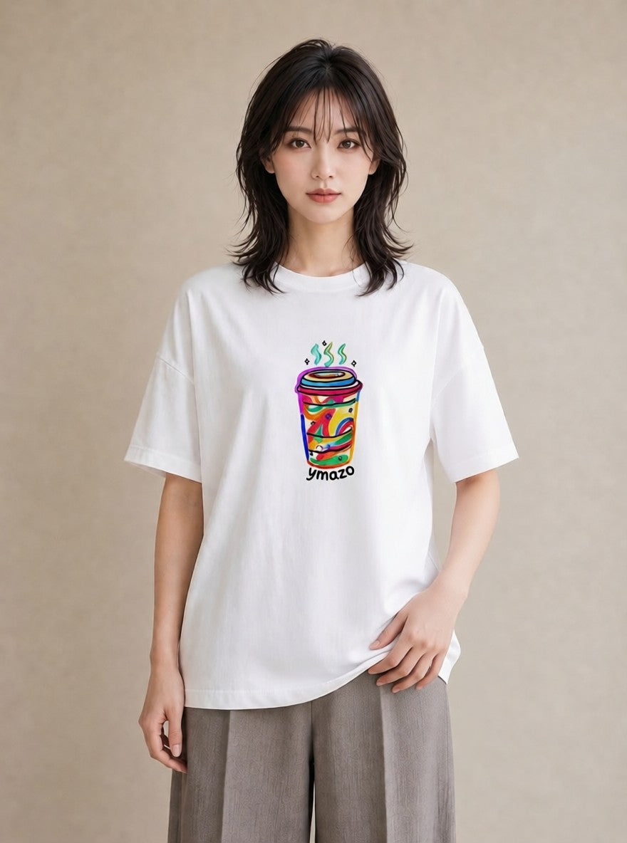 デザインTシャツ レディース カフェオレ 食べ物 フード イラスト カフェコーデ 週末コーデ 敬老の日 白T YMAZO