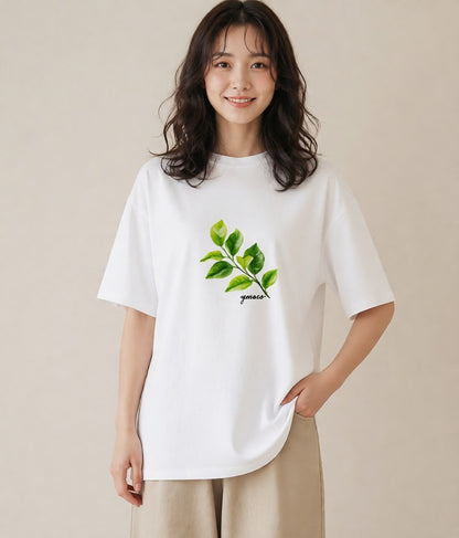 デザインTシャツ レディース 新緑 植物 ボタニカル イラスト シンプル 女性向けギフト 散歩 白T YMAZO