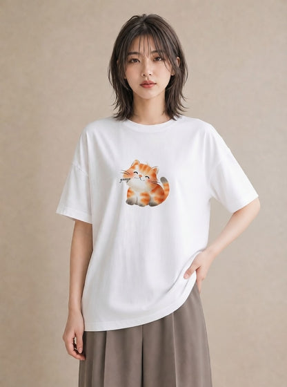プリントTシャツ レディース ブリティッシュショートヘア 猫 ねこ イラスト シック カフェ巡り 女子会 白T YMAZO