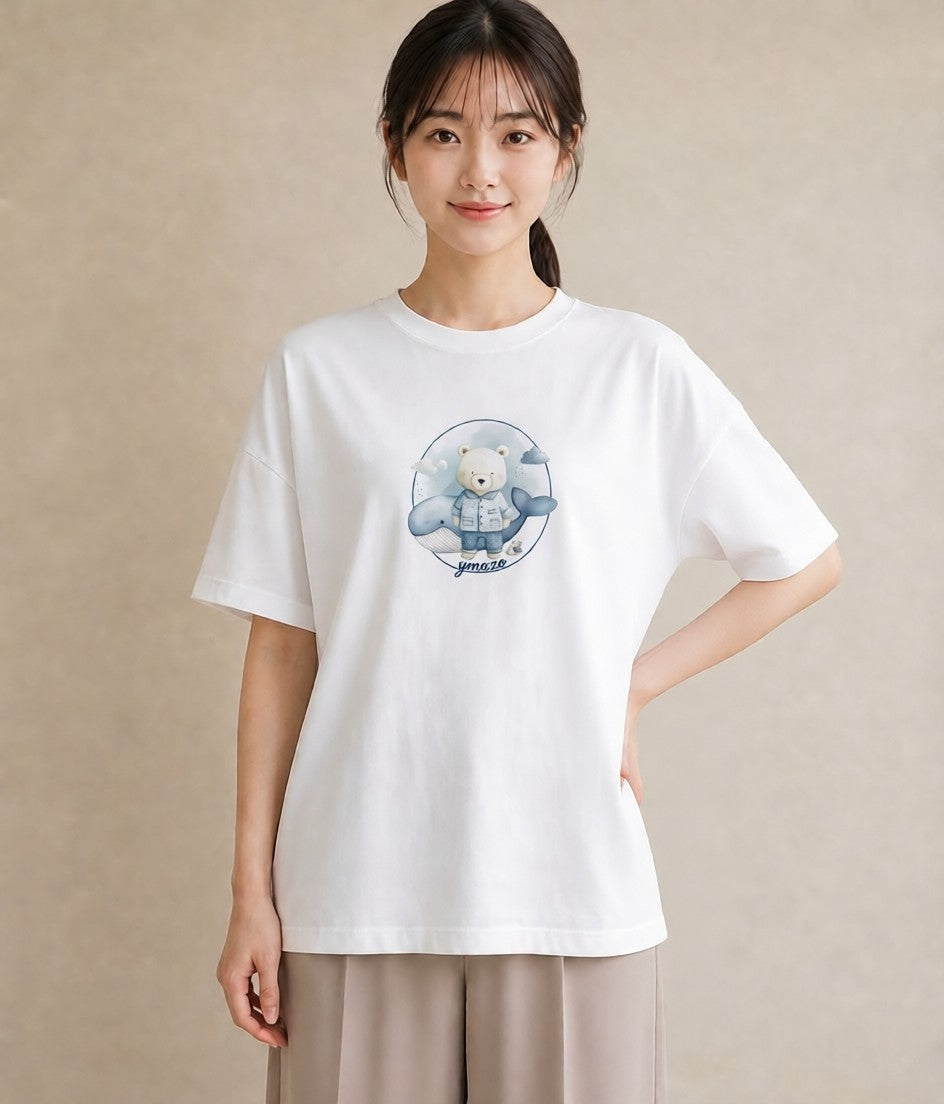 Tシャツ レディース クジラ 海の生き物 海 イラスト 韓国風 綿100 デート 白T YMAZO