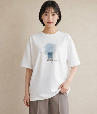 Tシャツ レディース 窓辺の雨 雨の日 窓 ナチュラル アンティーク イラスト 淡色 秋コーデ おしゃれギフト 白T YMAZO