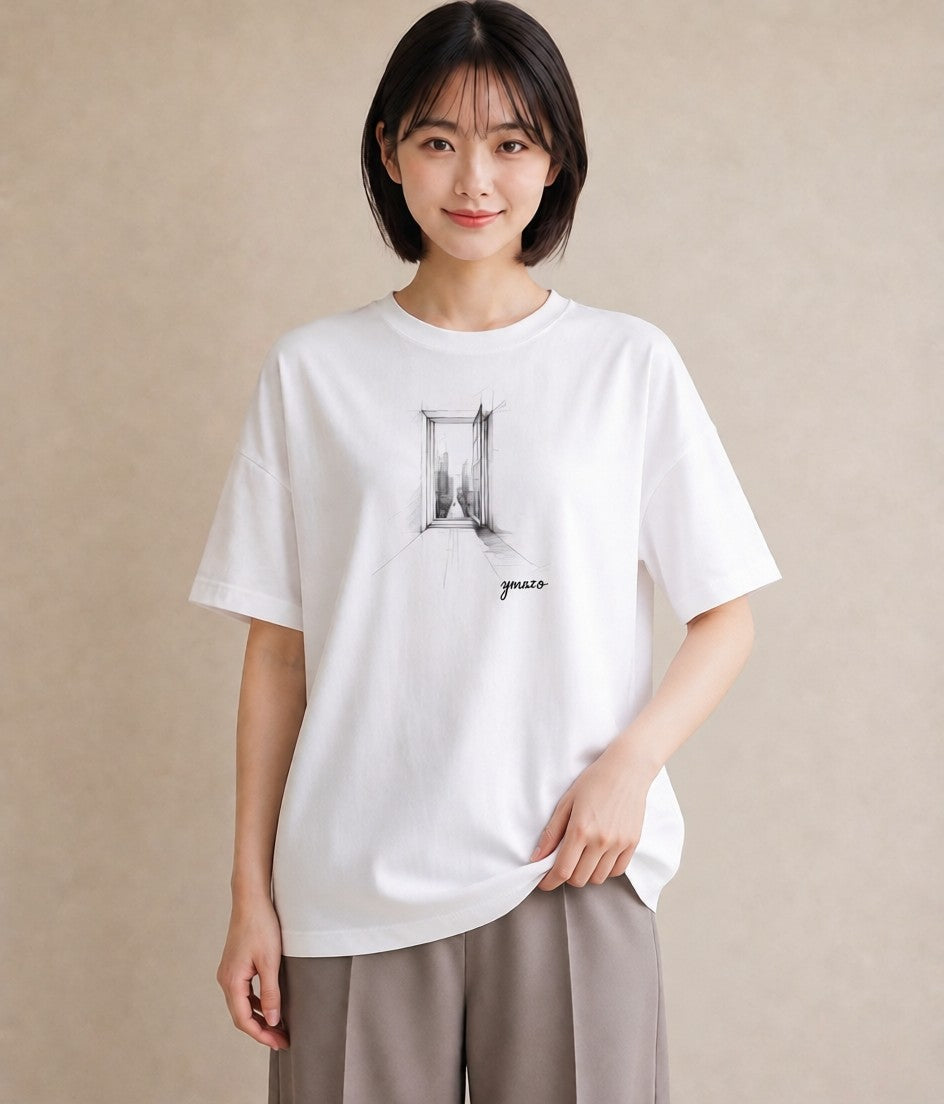 プリントTシャツ レディース 窓辺の雨 雨の日 窓 ナチュラル アンティーク イラスト ガーリー 敬老の日 ホワイトデー 白T YMAZO