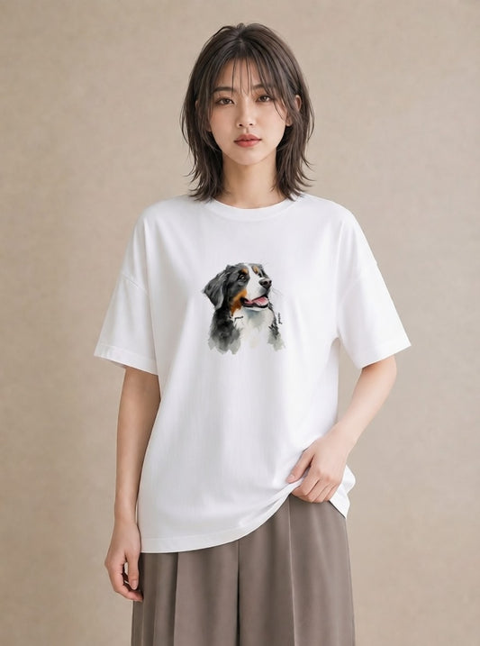デザインTシャツ レディース バーニーズマウンテンドッグ 犬 いぬ イラスト 北欧風 ミセス 春コーデ 白T YMAZO