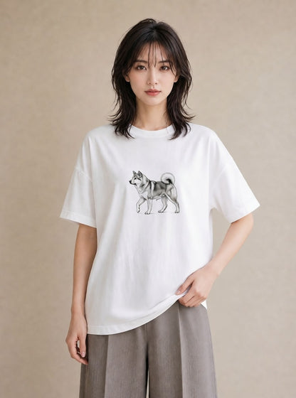 半袖Tシャツ レディース 秋田犬 犬 いぬ イラスト 韓国風 散歩 お出かけ 白T YMAZO