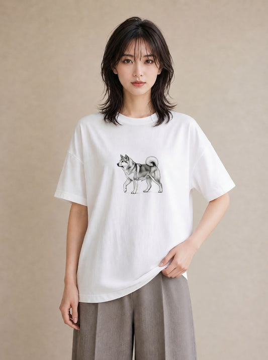 半袖Tシャツ レディース 秋田犬 犬 いぬ イラスト 韓国風 散歩 お出かけ 白T YMAZO