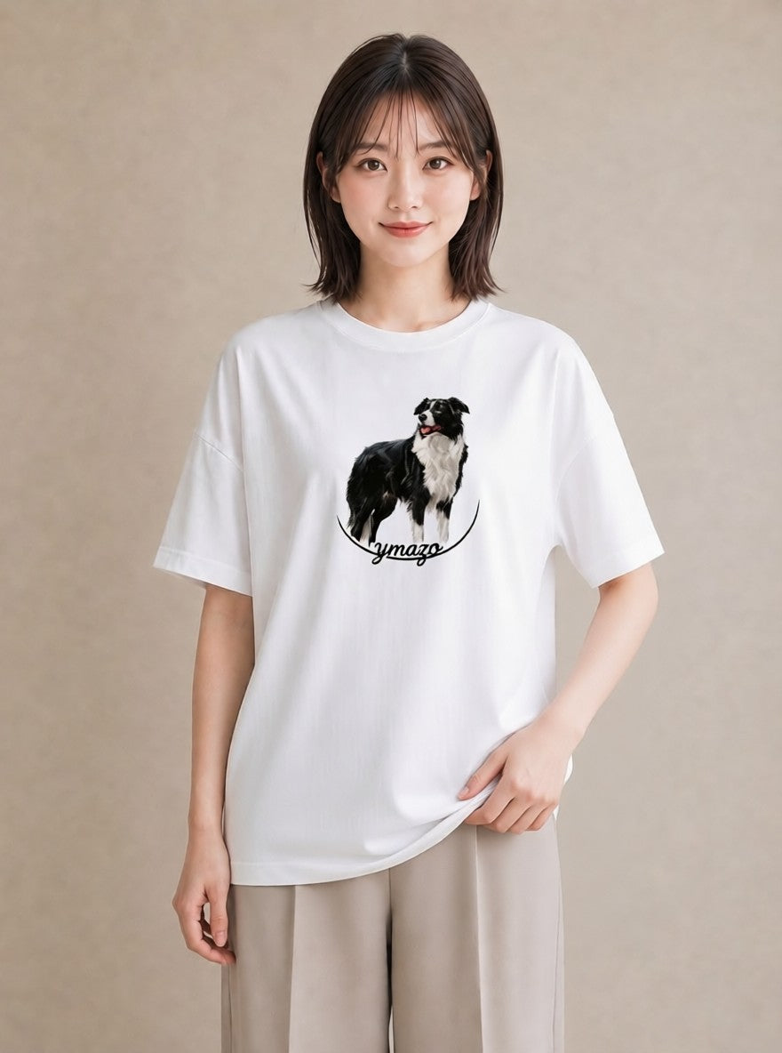 半袖Tシャツ レディース ボーダーコリー 犬 いぬ イラスト ナチュラル 休日 ペアコーデ 白T YMAZO
