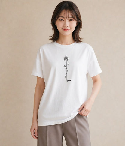 Tシャツ レディース 小花 花 フラワー イラスト 普段使い 綿100 デート 白T YMAZO