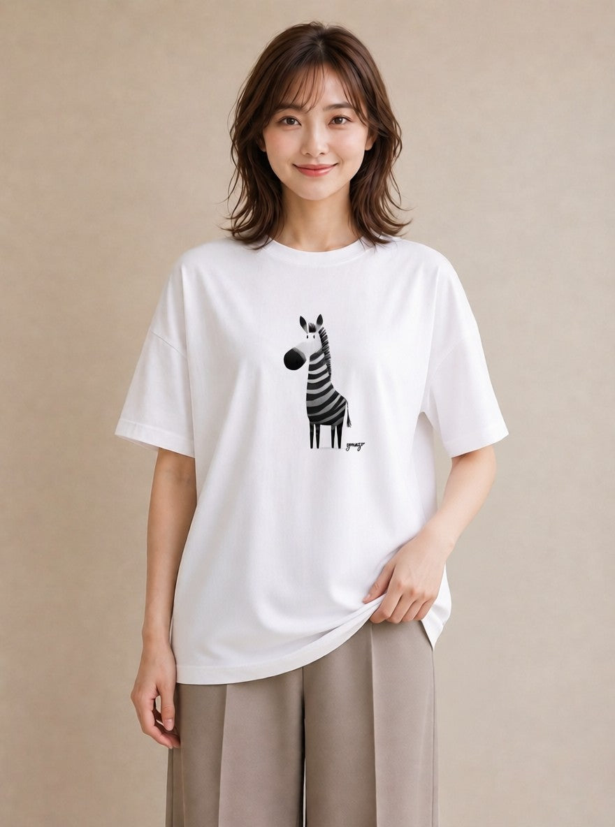 半袖Tシャツ レディース しまうま 動物 アニマル イラスト 個性的 春服 ミセス 白T YMAZO