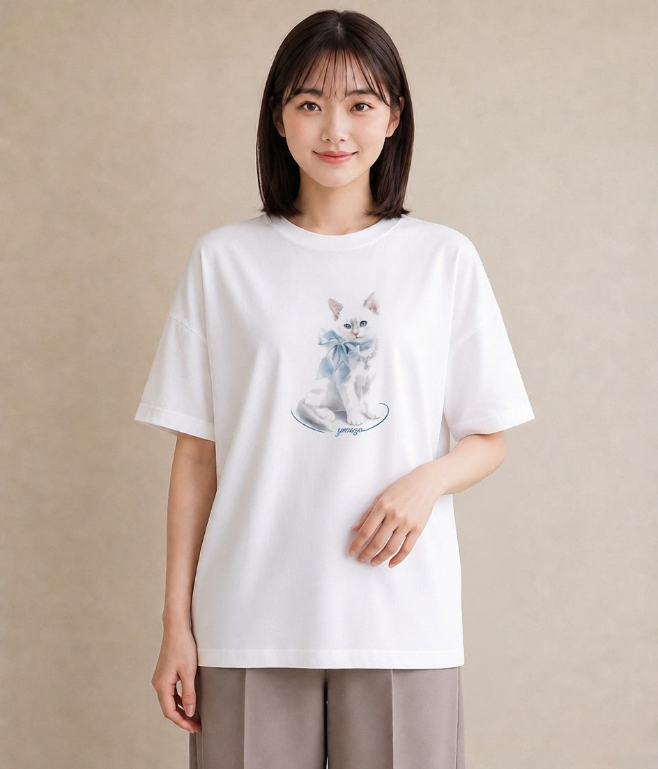 半袖Tシャツ レディース 猫 ねこ イラスト ラフ 自分用 ルームウェア 白T YMAZO