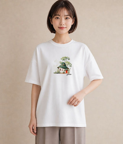 デザインTシャツ レディース 湖畔の小屋 湖 小屋 ナチュラル アンティーク イラスト ガーリー 海 カフェ巡り 白T YMAZO