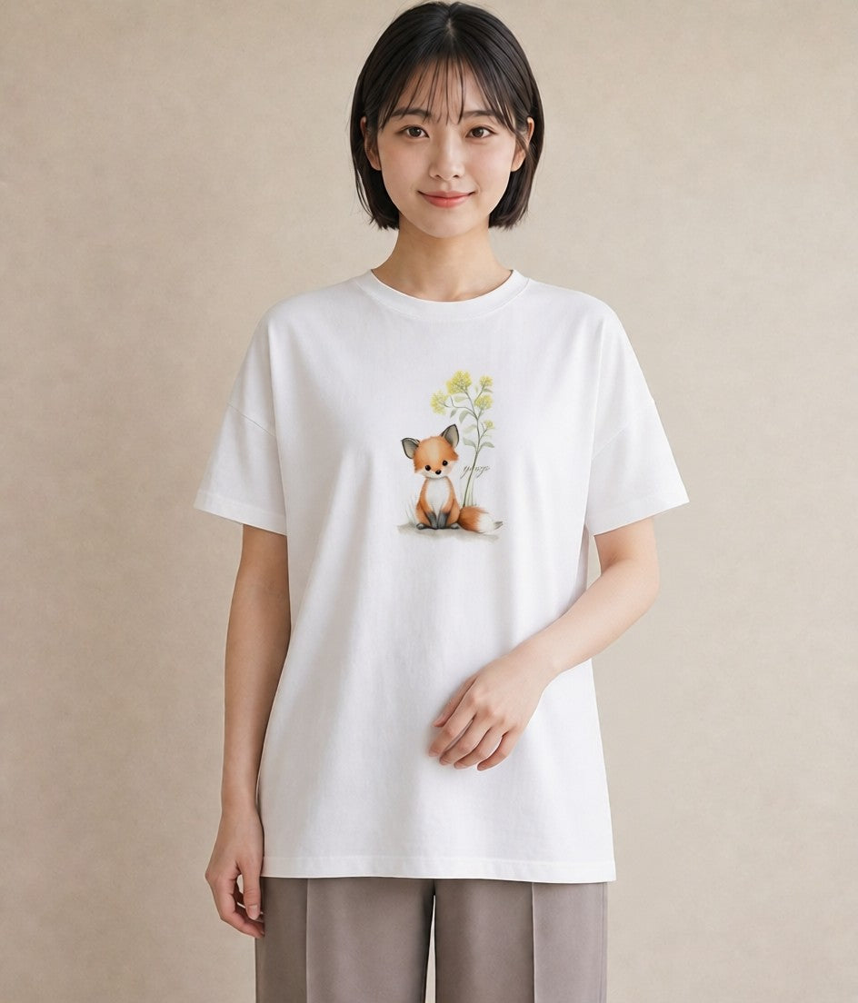 グラフィックTシャツ レディース きつね 動物 アニマル イラスト ゆるかわ 夏コーデ 通学 白T YMAZO