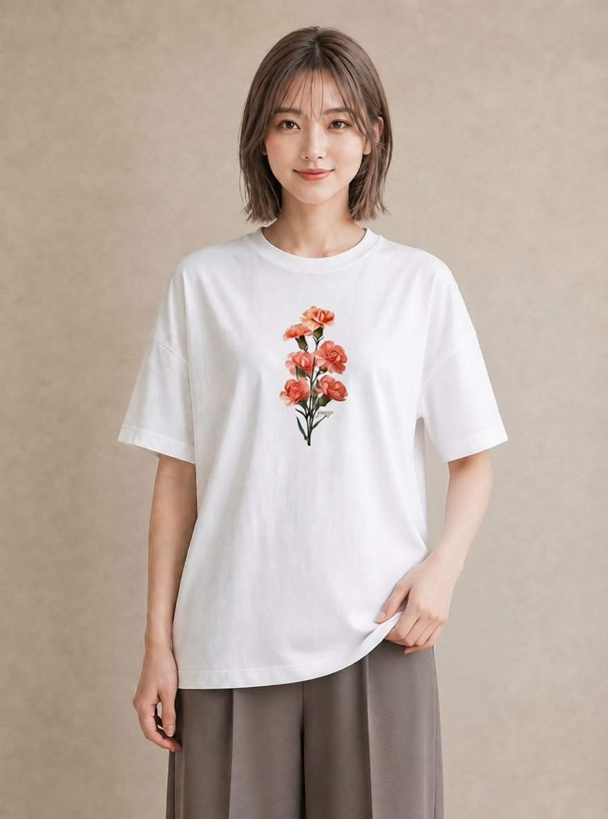 グラフィックTシャツ レディース カーネーション 花 花柄 イラスト 個性的 帰省 ラフ 白T YMAZO