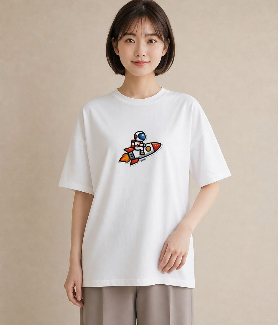 プリントTシャツ レディース ロケット 星空 宇宙 イラスト ユニーク ミセス 春コーデ 白T YMAZO