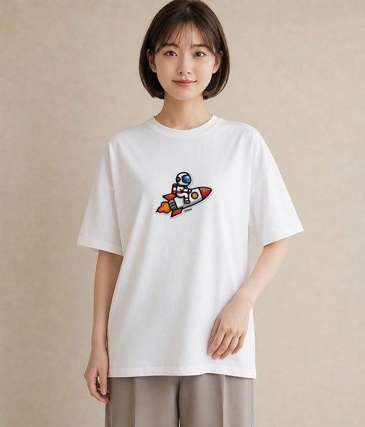 プリントTシャツ レディース ロケット 星空 宇宙 イラスト ユニーク ミセス 春コーデ 白T YMAZO