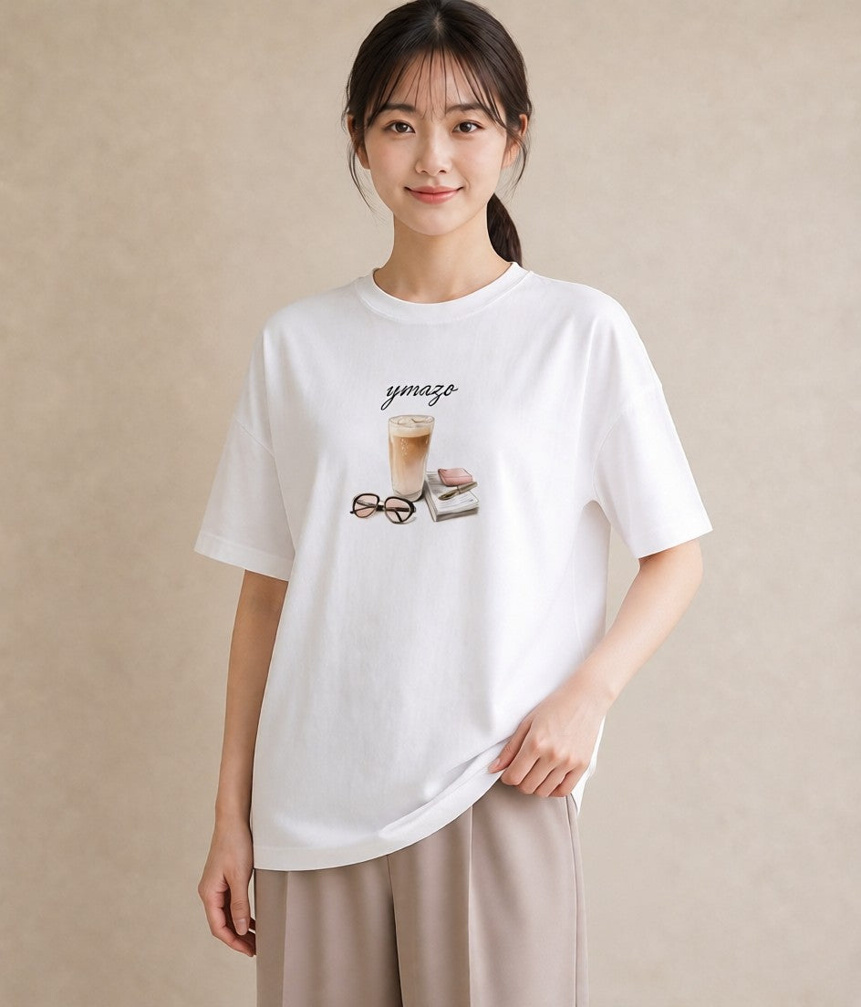 デザインTシャツ レディース カフェオレ 食べ物 フード イラスト ユニーク 通勤 在宅 白T YMAZO