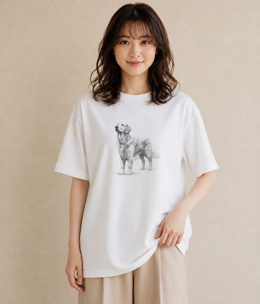 プリントTシャツ レディース ゴールデンレトリバー ゴールデン 犬 いぬ イラスト 淡色 旅行用 海 白T YMAZO