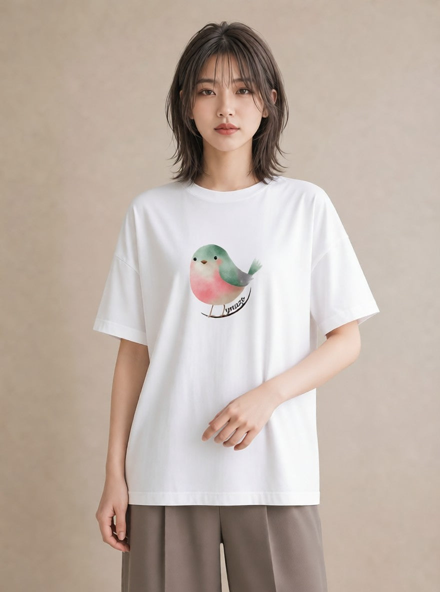 Tシャツ レディース ボタンインコ ペット 動物 イラスト 普段使い ママ カフェ服 白T YMAZO