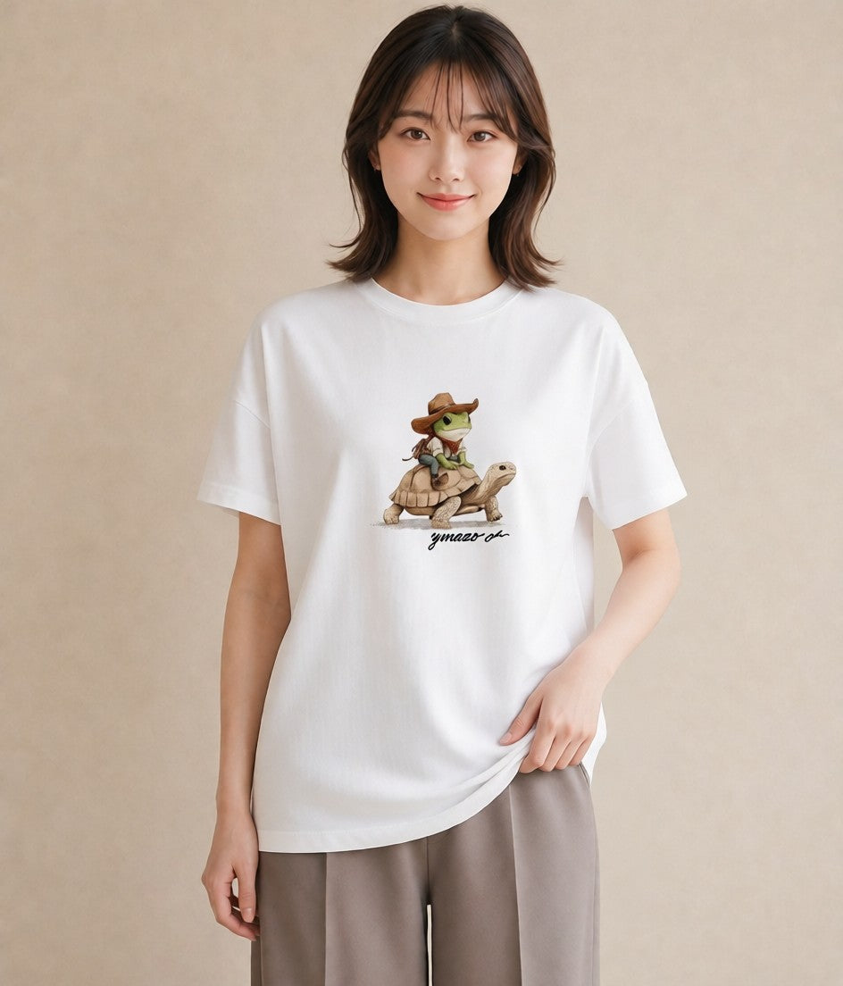 Tシャツ レディース ゼニガメ ペット 動物 イラスト フェミニン 夏コーデ 通学 白T YMAZO