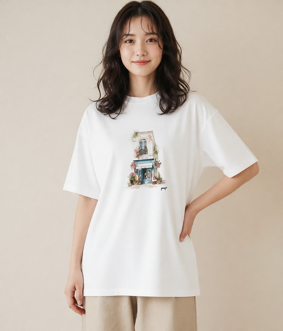 半袖Tシャツ レディース 自転車のかご 自転車 花かご ナチュラル アンティーク イラスト 抜け感 週末コーデ 敬老の日 白T YMAZO