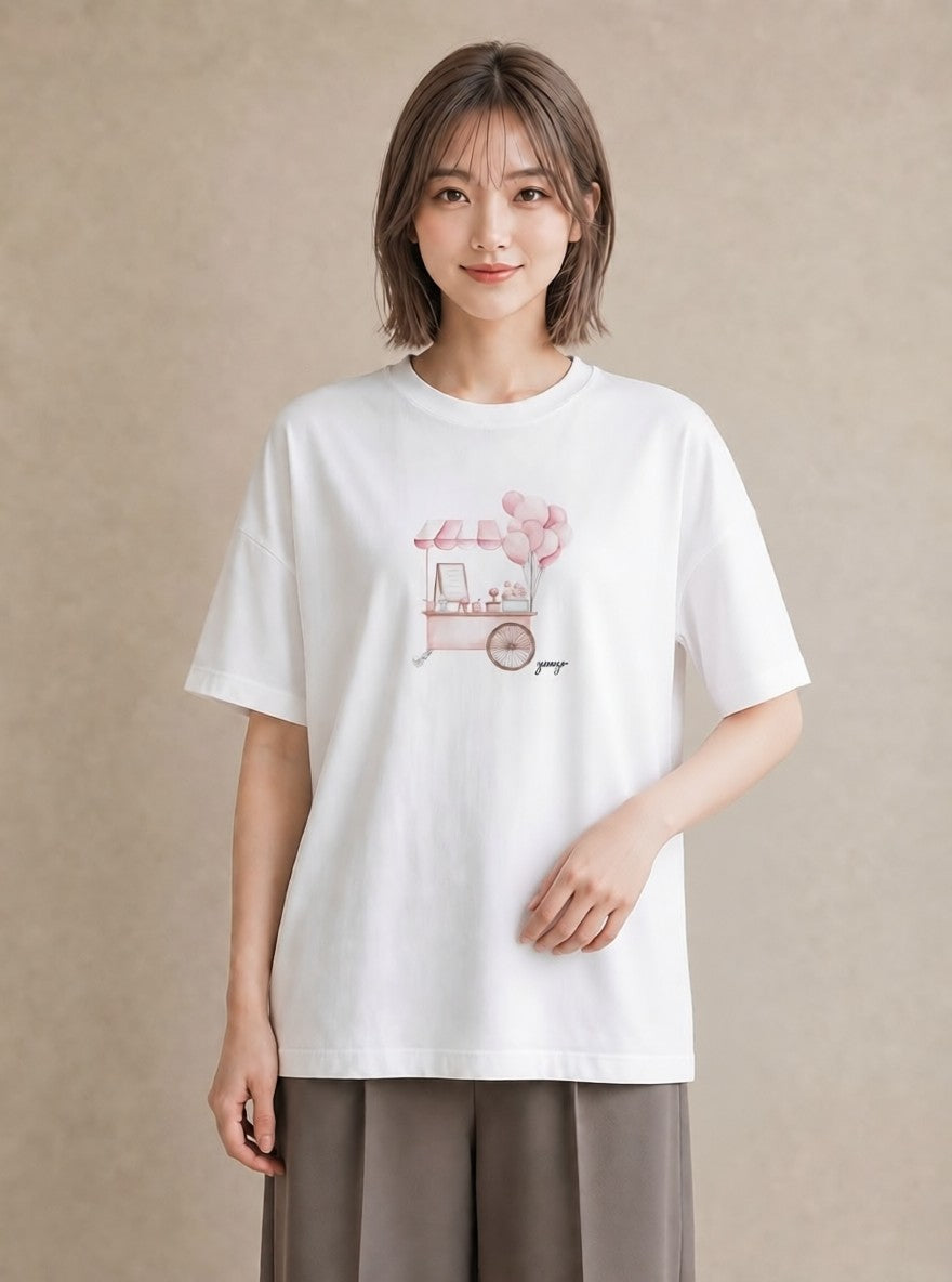 プリントTシャツ レディース わたあめ 食べ物 フード イラスト ゆるコーデ 友達ギフト 部屋着 白T YMAZO
