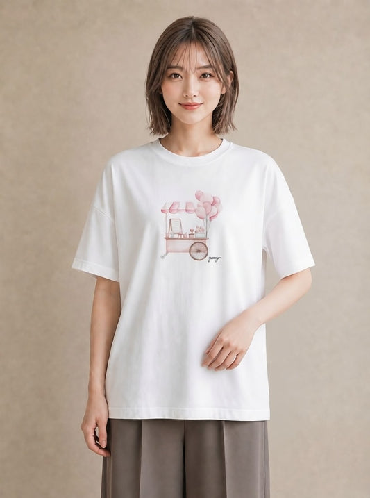 プリントTシャツ レディース わたあめ 食べ物 フード イラスト ゆるコーデ 友達ギフト 部屋着 白T YMAZO