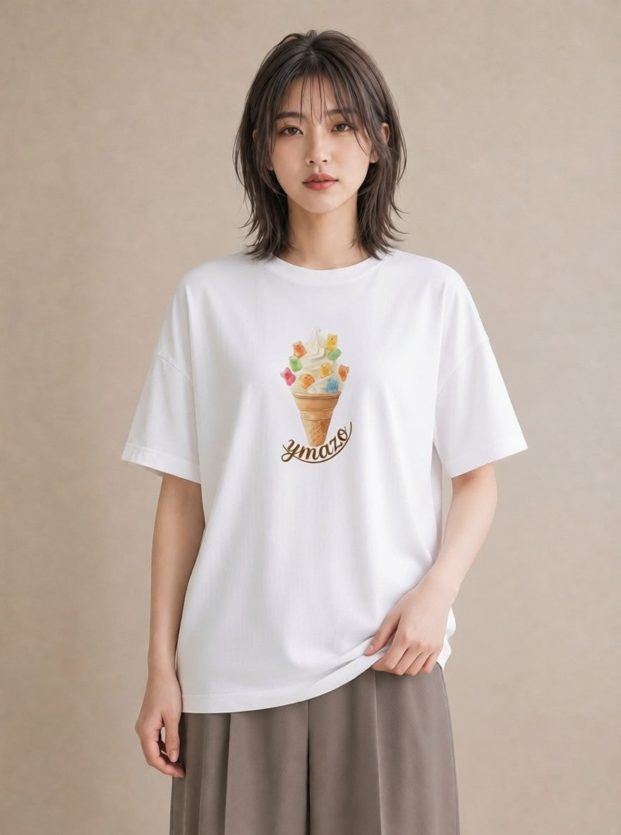 グラフィックTシャツ レディース キャンディ 食べ物 フード イラスト ラフカジュアル 綿100 デート 白T YMAZO