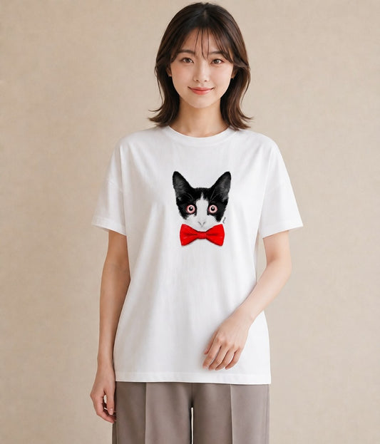 デザインTシャツ レディース ハチワレ 白黒猫 猫 ねこ イラスト シック 送別ギフト 通勤 白T YMAZO