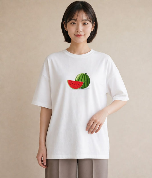 グラフィックTシャツ レディース メロン 食べ物 フード イラスト カジュアル 送別ギフト 通勤 白T YMAZO